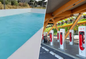Baden tijdens het laden: Tesla zet zwembad naast superchargers in Duitsland
